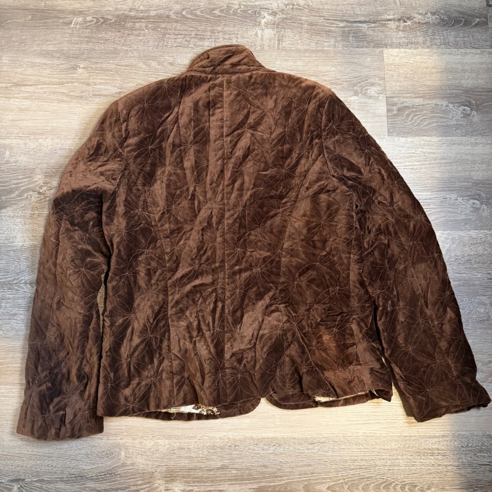 eStudio Brown Quilted Velvet Jacket Floral Stitched Mock Neck Paisley Lining L - Picture 3 of 4